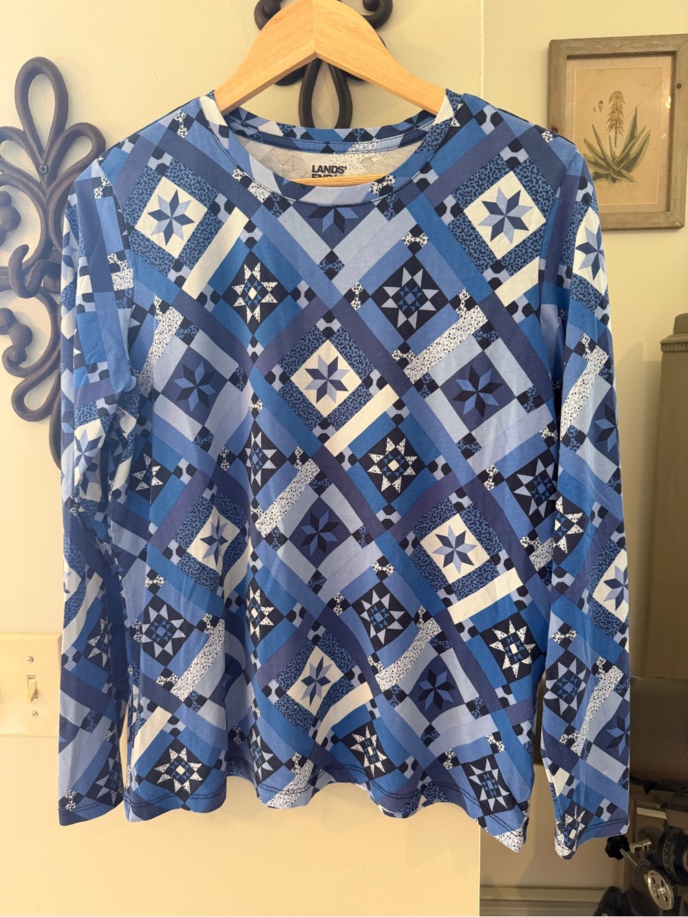 Lands' End Blue Geometric Print Long Sleeve Tee